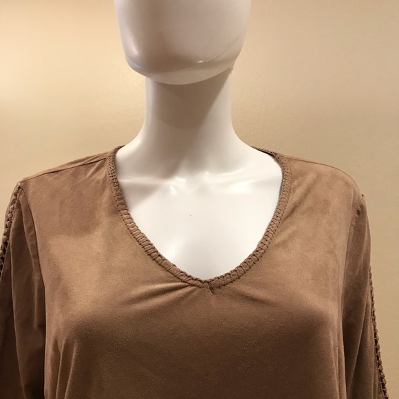 New Directions Faux Suede Brown Top Womens Plus Size 0X XL Bell Sleeve Retro - Picture 7 of 15